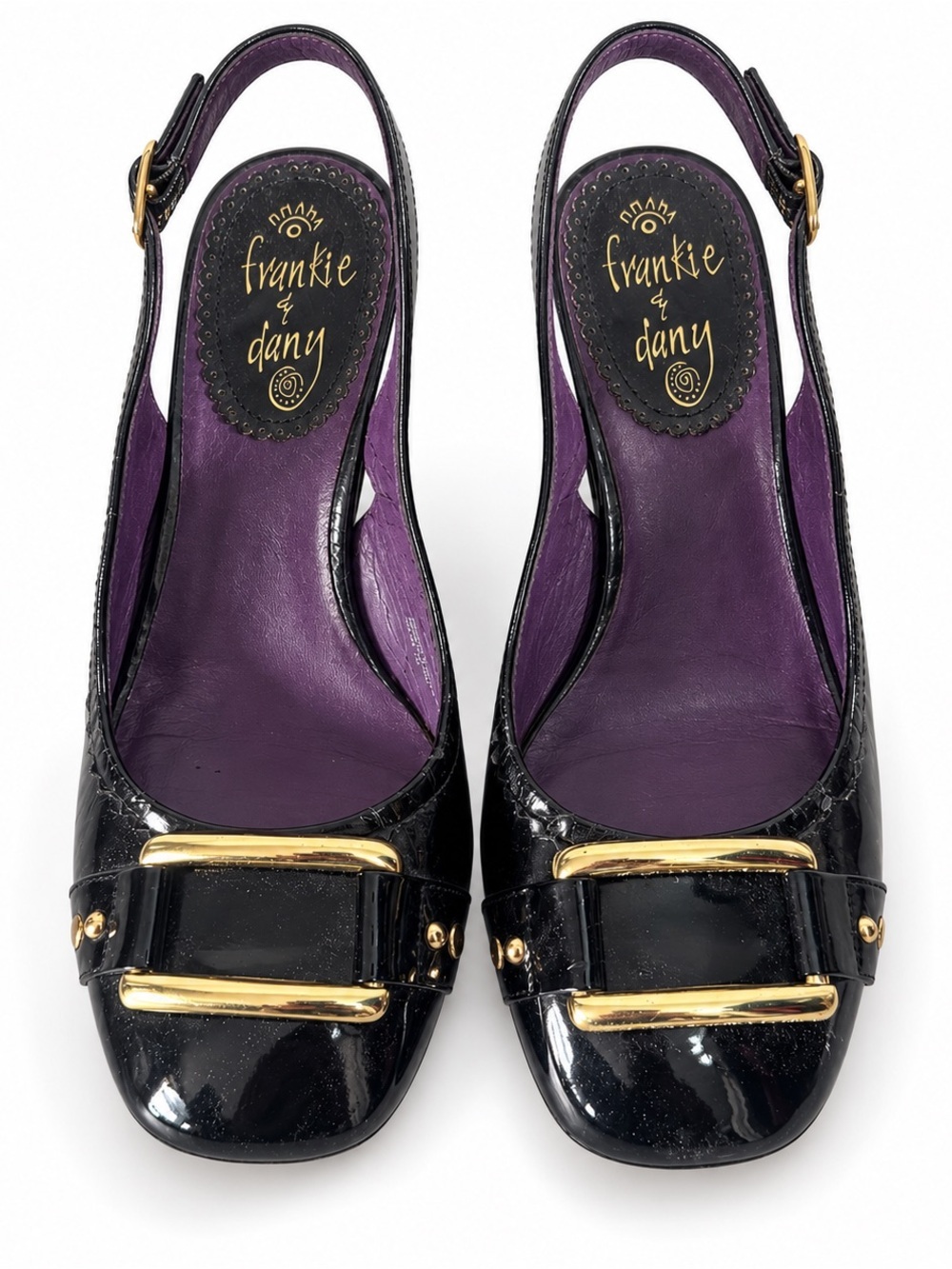 Vintage Y2K Wedges Frankie & Dany Black vegan Patent gold Buckle Slingback Sz 7